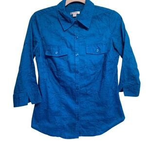 Croft & Barrow Button Shirt Womens Small Blue Floral Embroidered 3/4 Sleeve